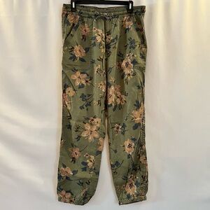 Anthropologie Floral Joggers, Olive Green with Pink Flowers, Size M